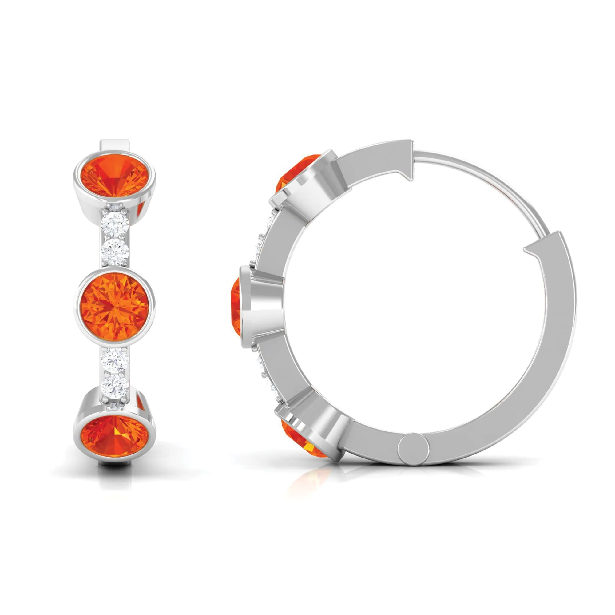 1 CT Bezel Set Orange Sapphire Three Stone Hoop Earrings with Diamond