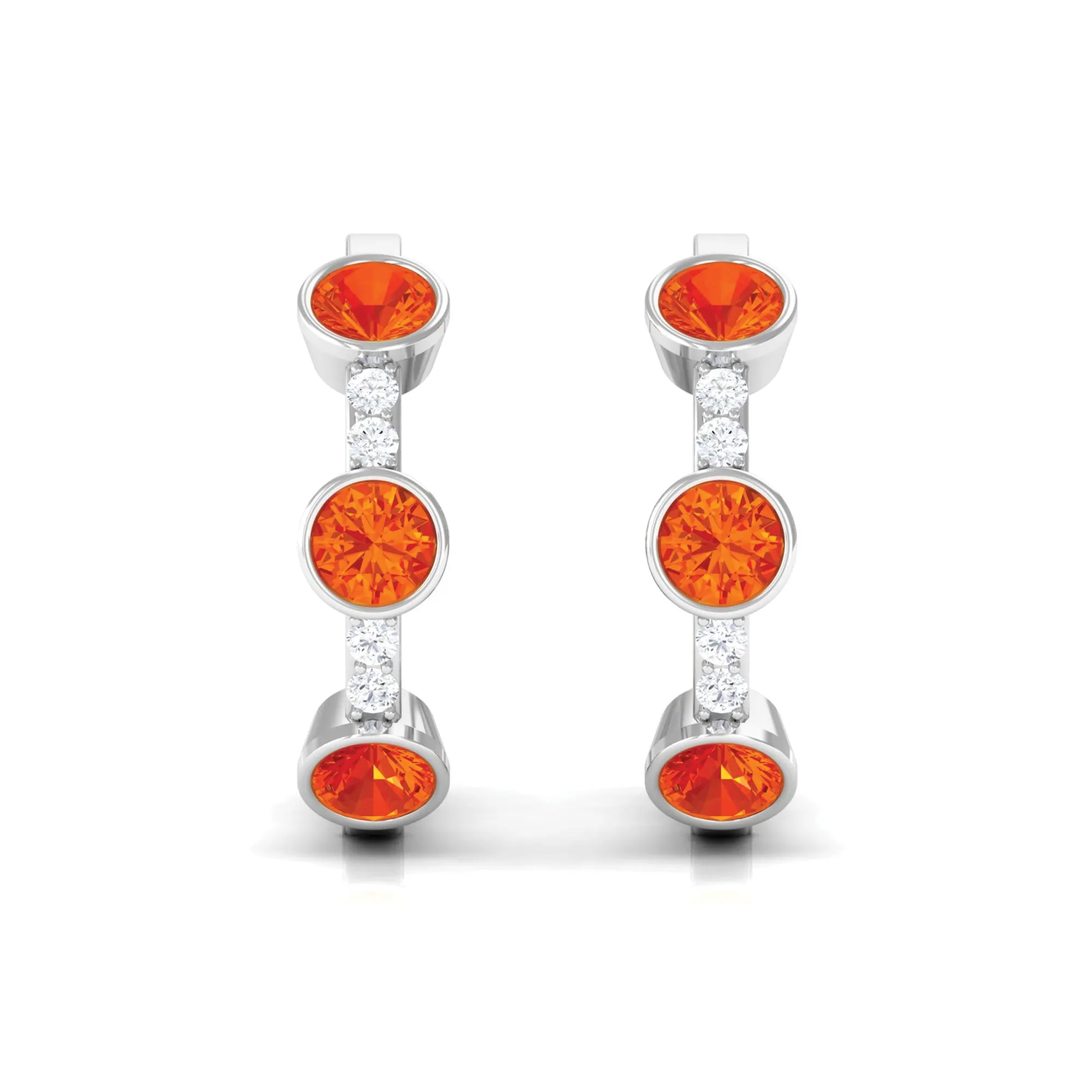 1 CT Bezel Set Orange Sapphire Three Stone Hoop Earrings with Diamond