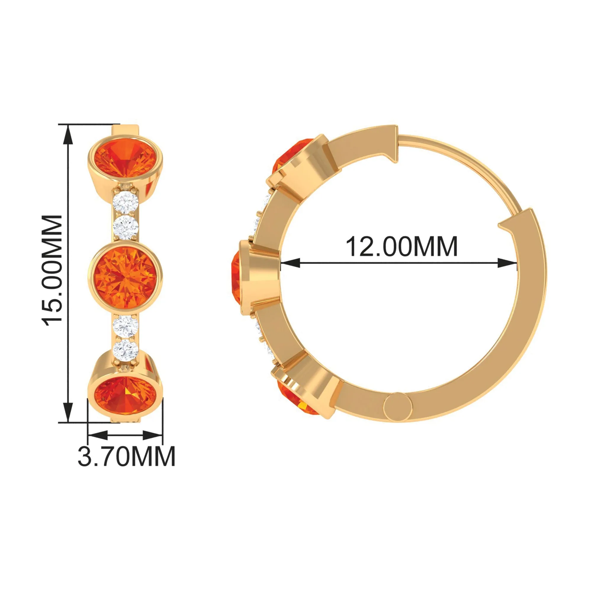 1 CT Bezel Set Orange Sapphire Three Stone Hoop Earrings with Diamond