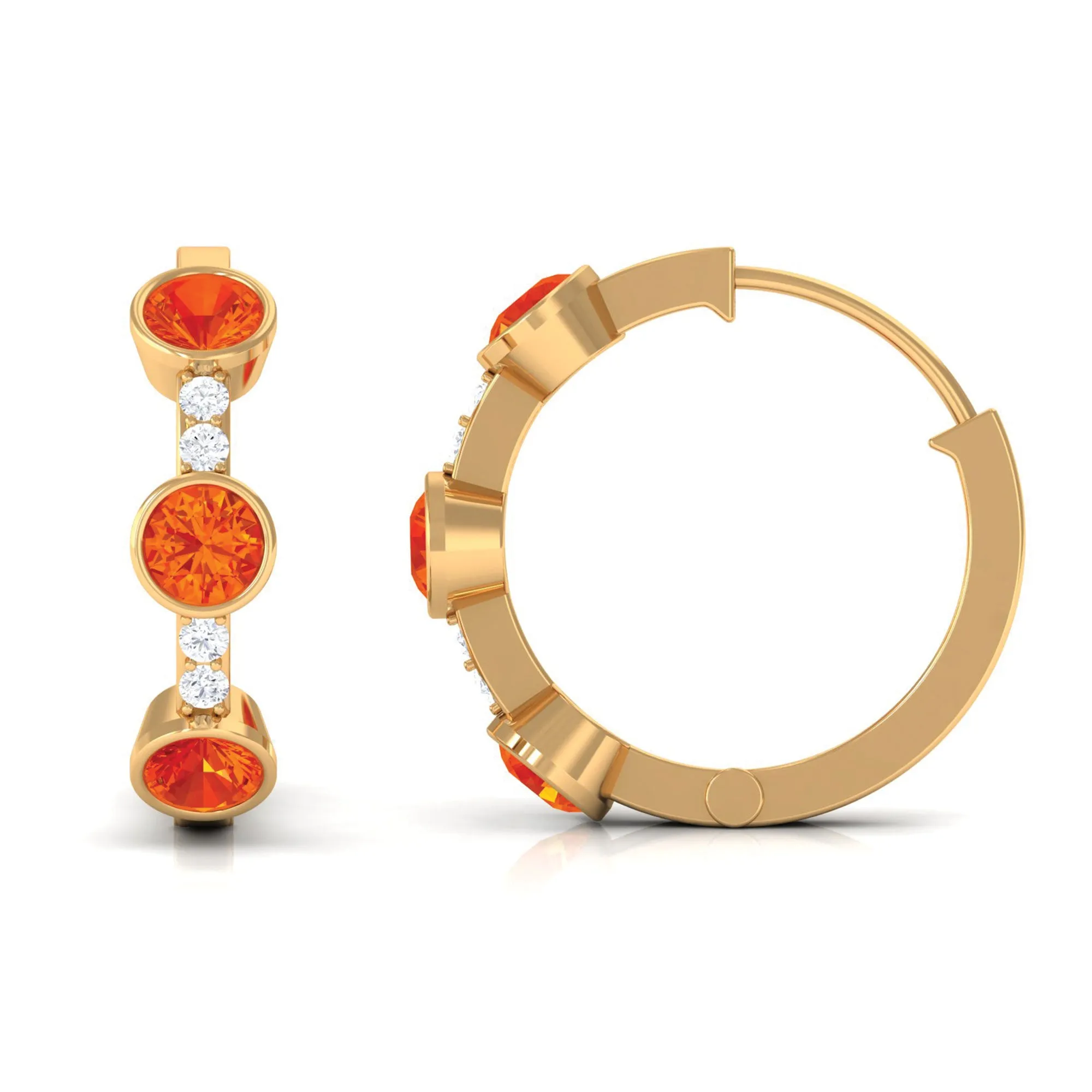 1 CT Bezel Set Orange Sapphire Three Stone Hoop Earrings with Diamond