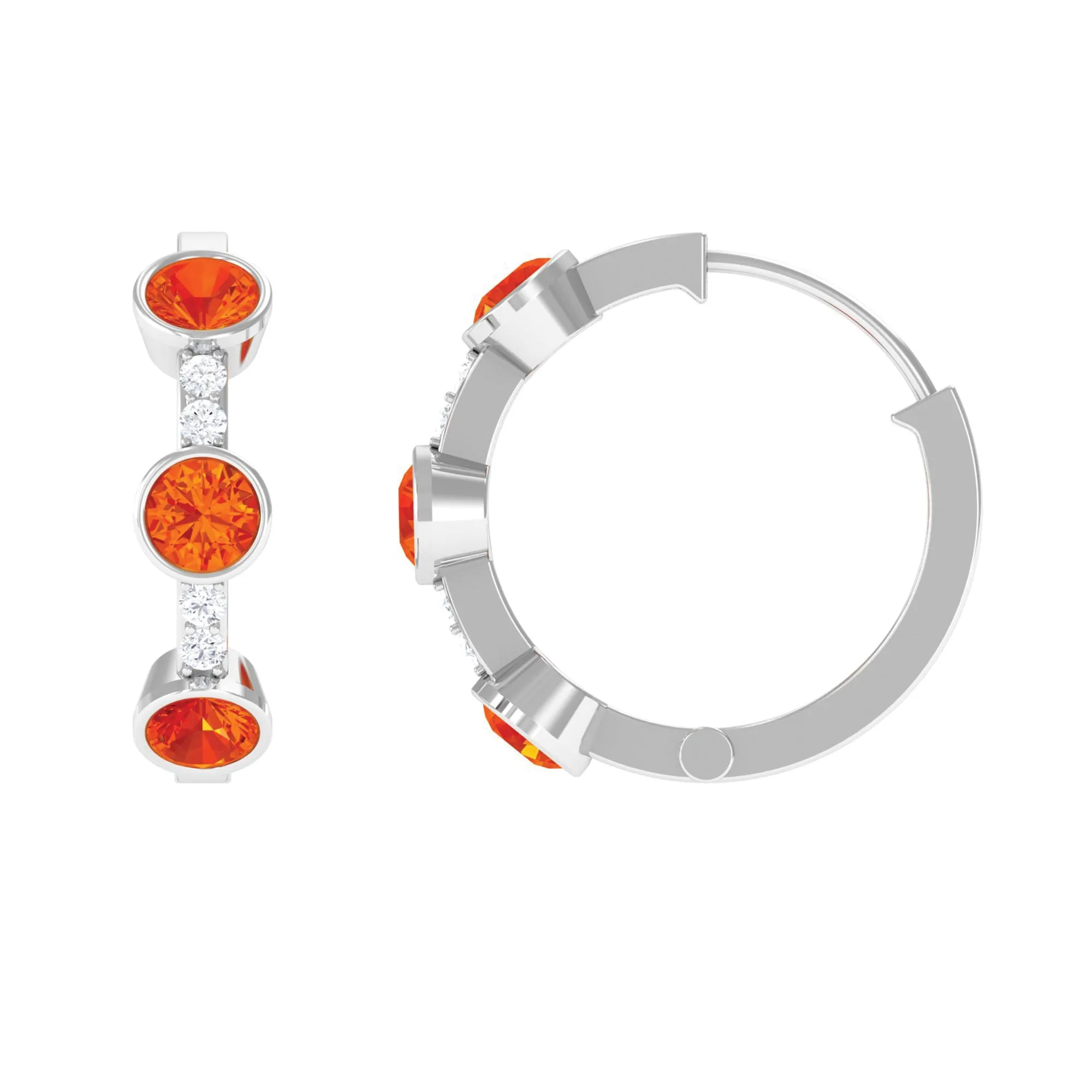 1 CT Bezel Set Orange Sapphire Three Stone Hoop Earrings with Diamond