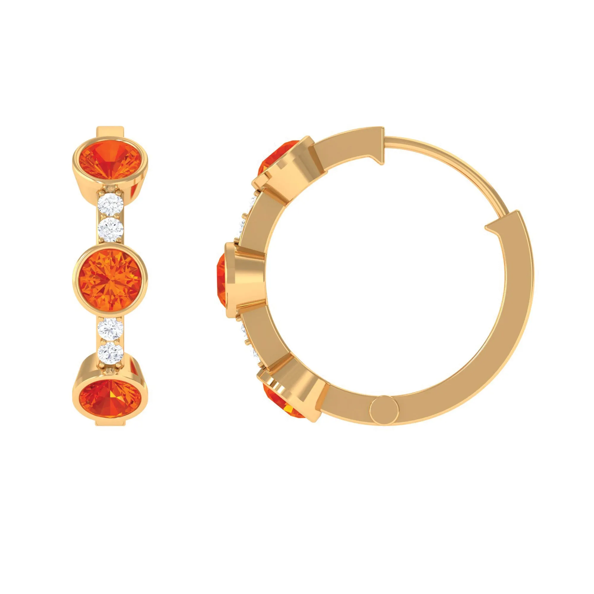 1 CT Bezel Set Orange Sapphire Three Stone Hoop Earrings with Diamond