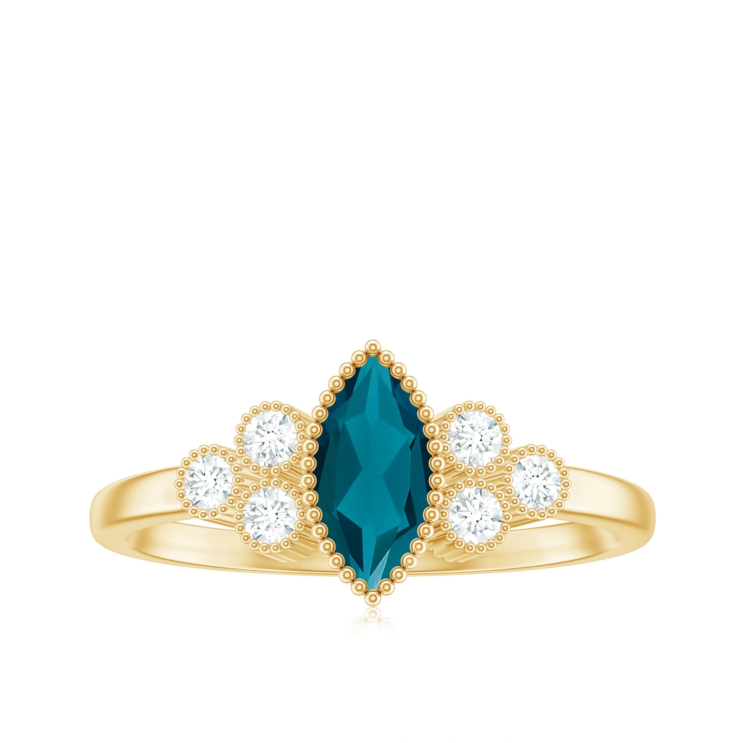 1 CT Marquise London Blue Topaz Solitaire Ring with Diamond Trio