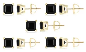 10k Yellow Gold Plated Created Black Sapphire 1/2Carat Square Cut Pack of Five Stud Earrings