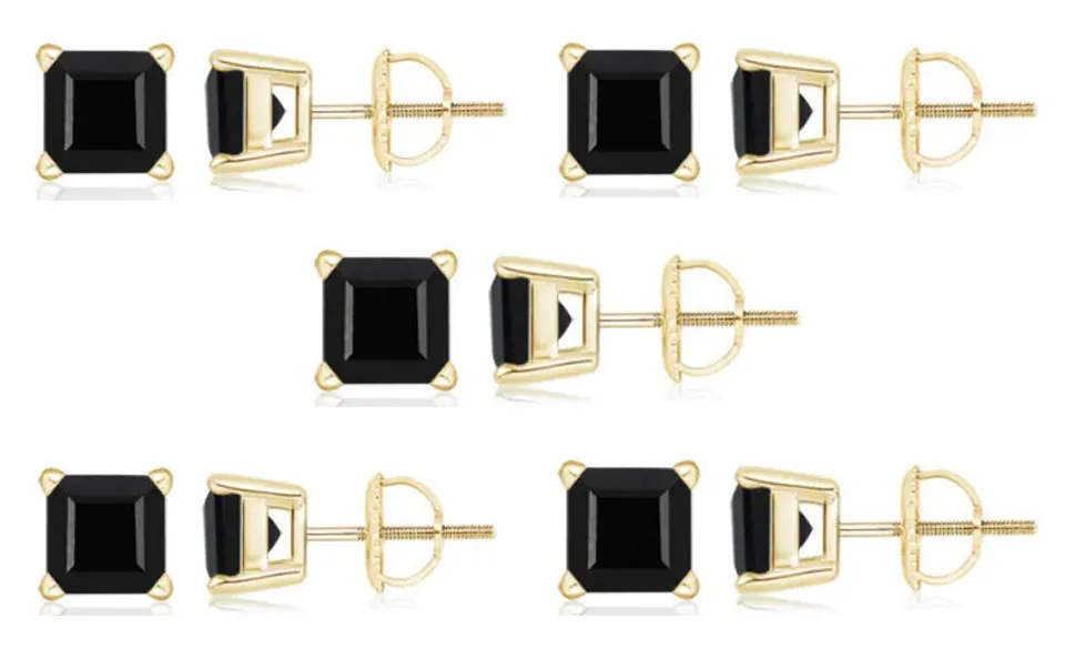 10k Yellow Gold Plated Created Black Sapphire 1/2Carat Square Cut Pack of Five Stud Earrings