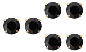 10k Yellow Gold Plated Created Black Sapphire 3 Carat Round Pack of Three Stud Earrings