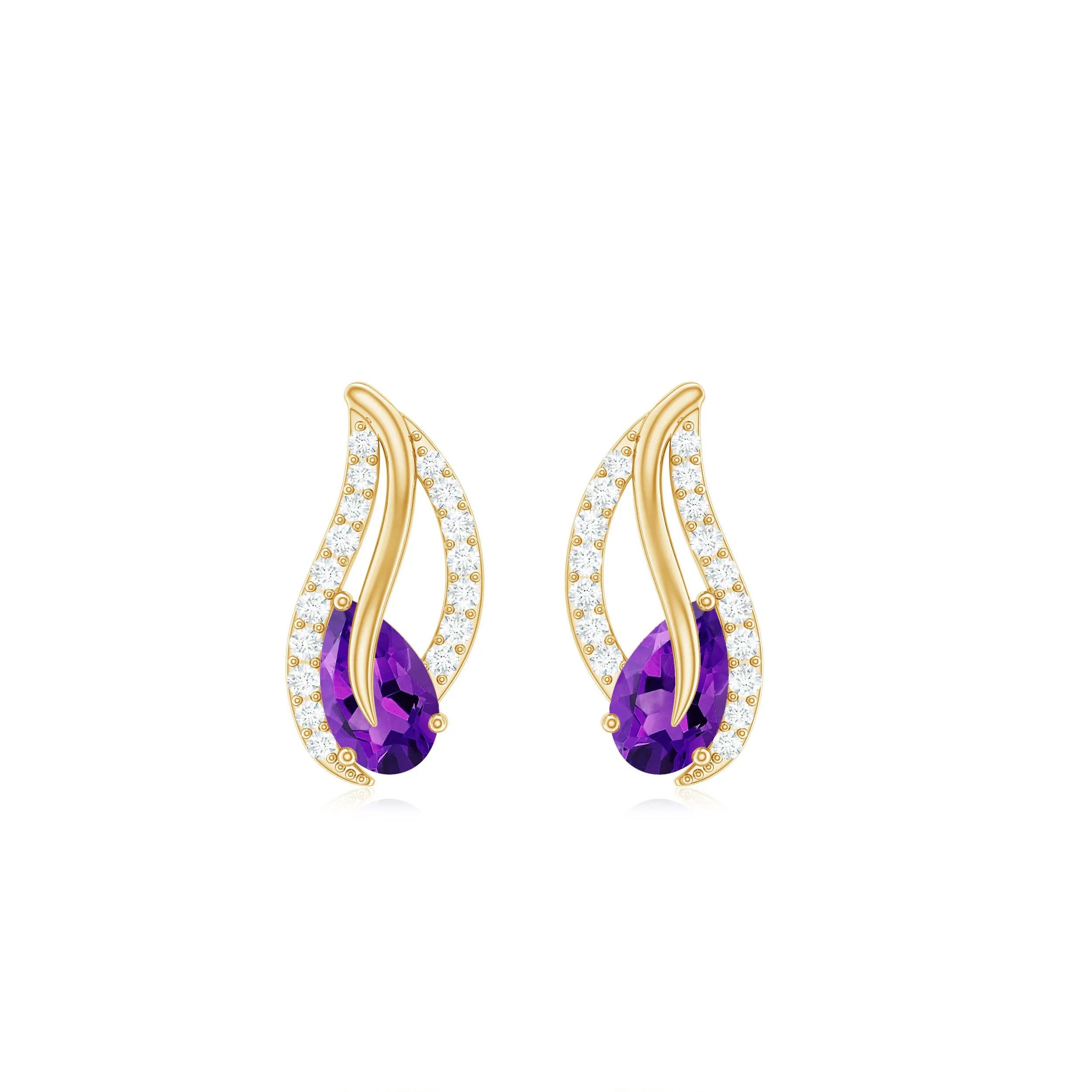 1/2 CT Pear Shape Amethyst and Diamond Leaf Stud Earrings