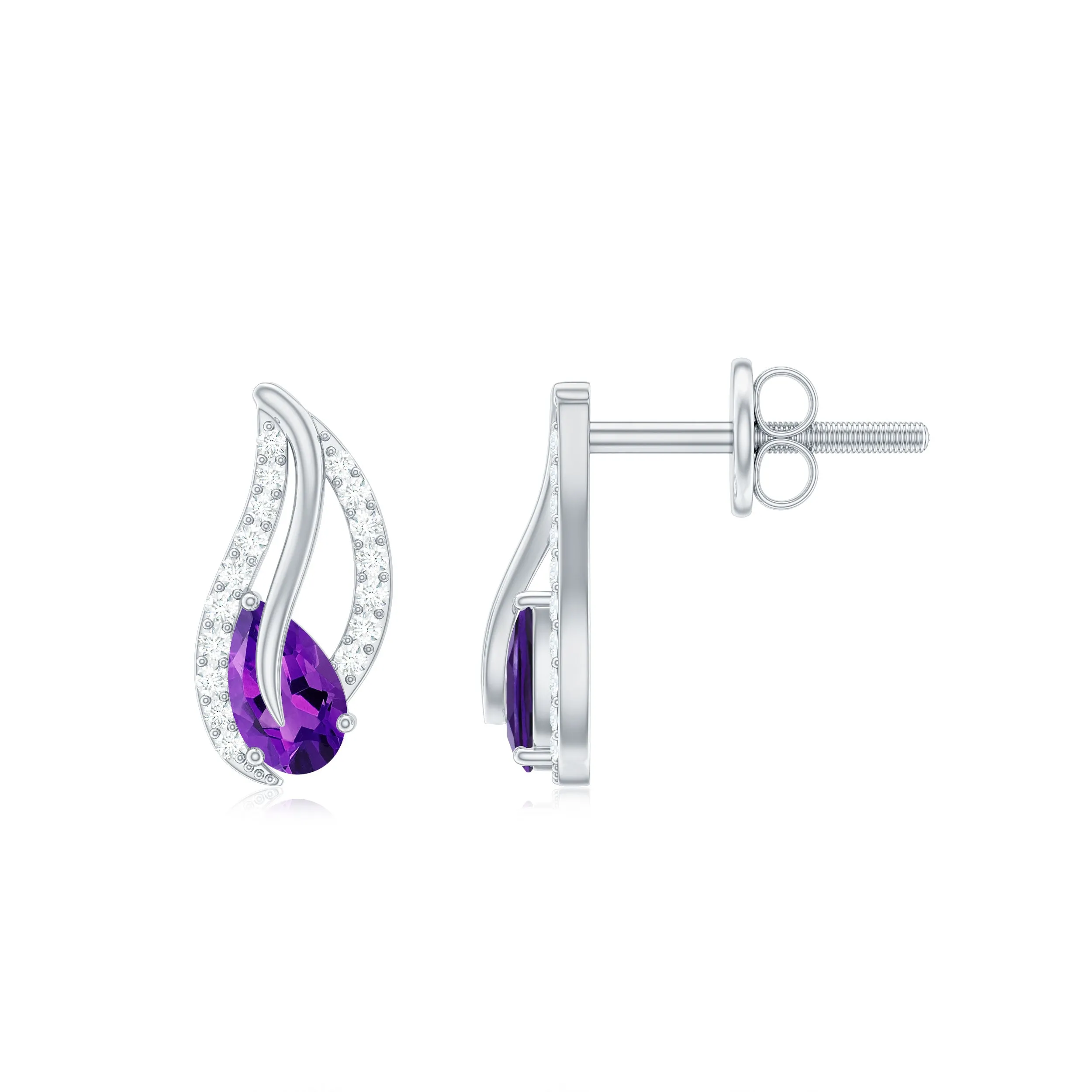 1/2 CT Pear Shape Amethyst and Diamond Leaf Stud Earrings