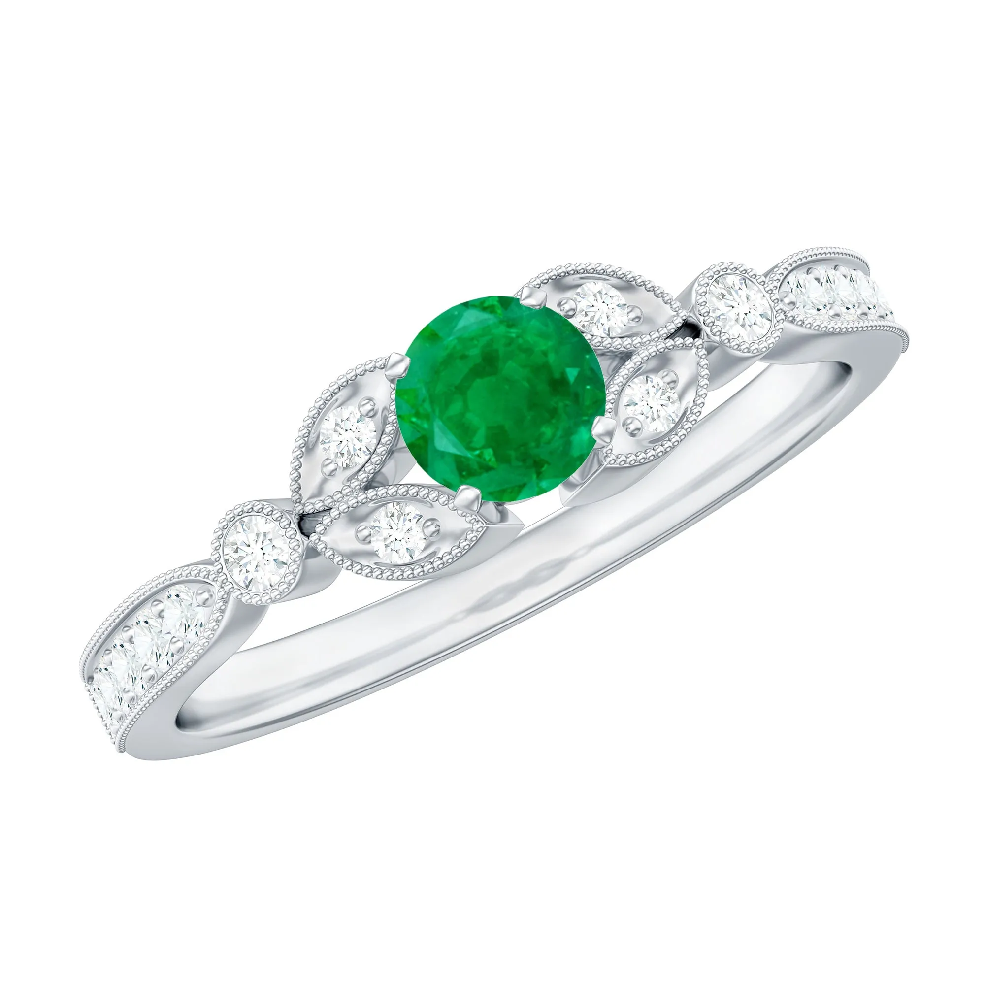 1/2 CT Vintage Inspired Emerald and Diamond Engagement Ring with Milgrain Details