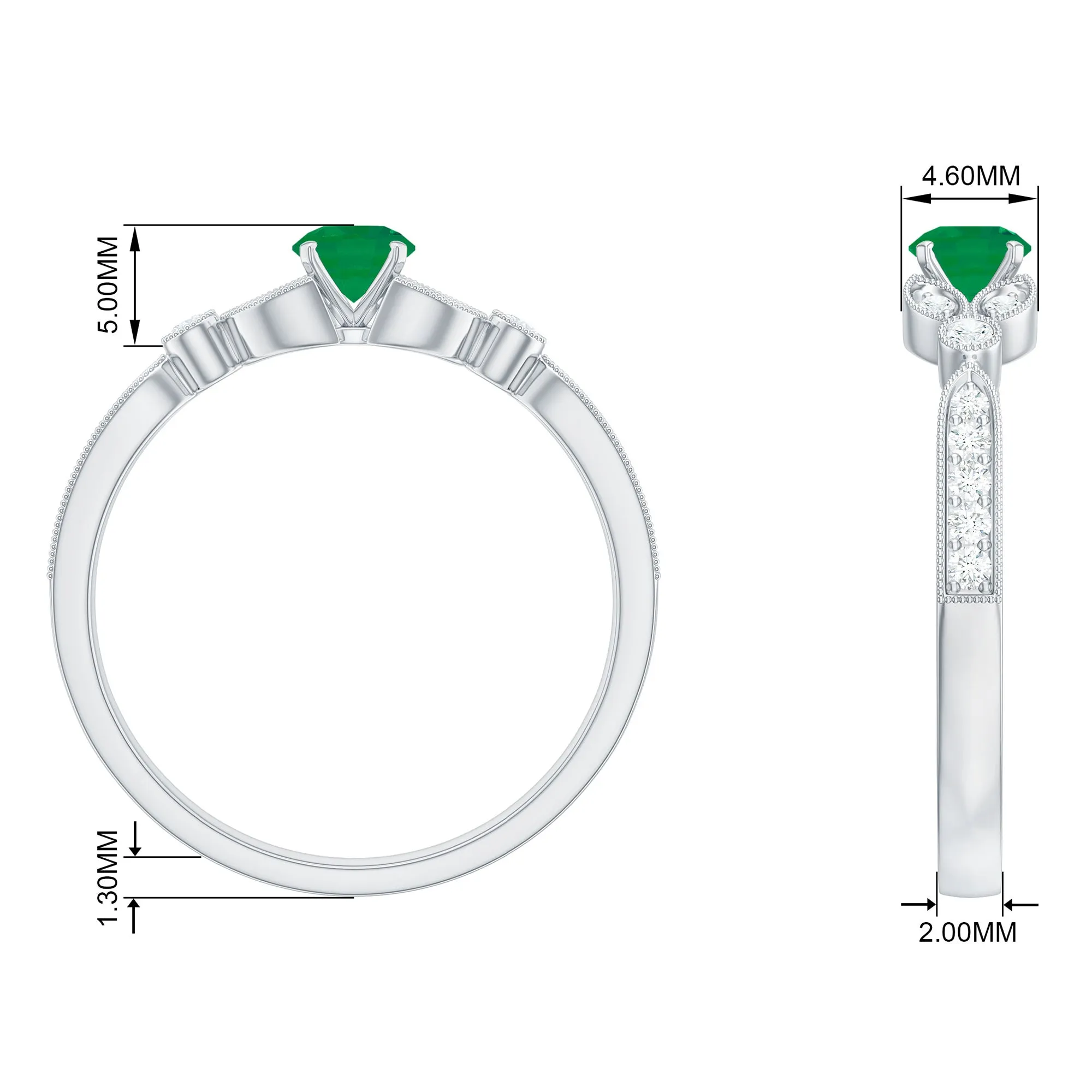 1/2 CT Vintage Inspired Emerald and Diamond Engagement Ring with Milgrain Details