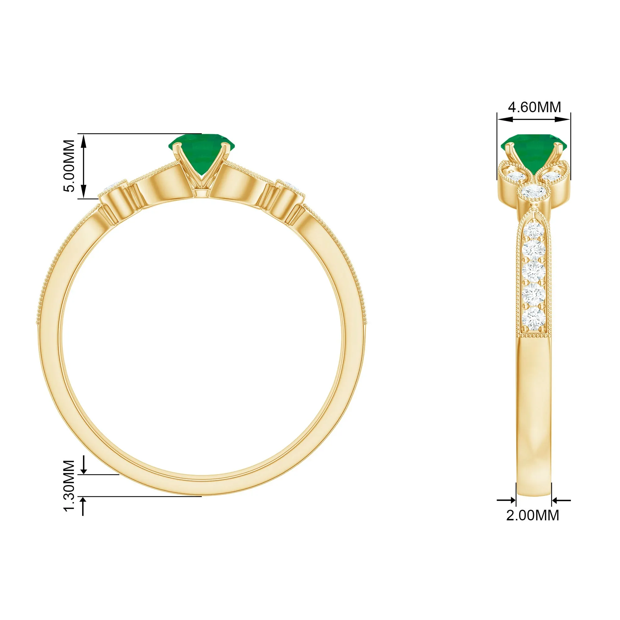 1/2 CT Vintage Inspired Emerald and Diamond Engagement Ring with Milgrain Details