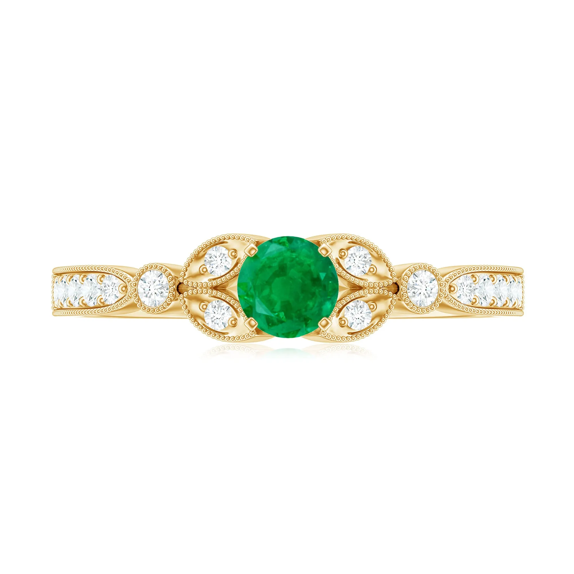 1/2 CT Vintage Inspired Emerald and Diamond Engagement Ring with Milgrain Details