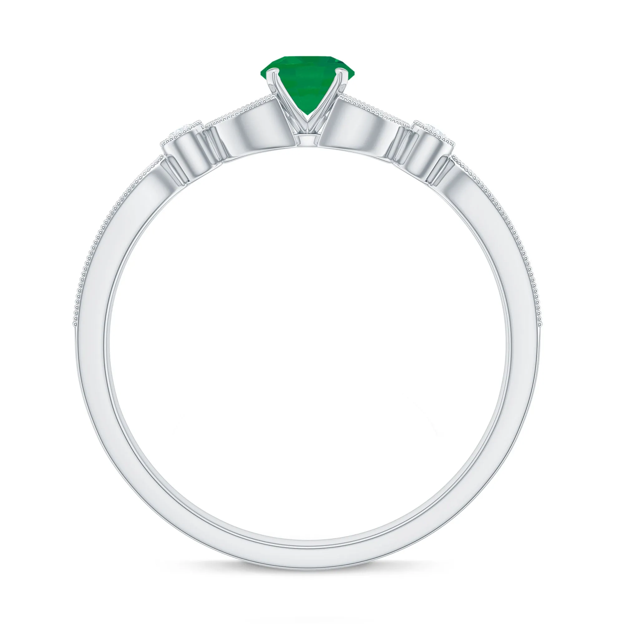 1/2 CT Vintage Inspired Emerald and Diamond Engagement Ring with Milgrain Details