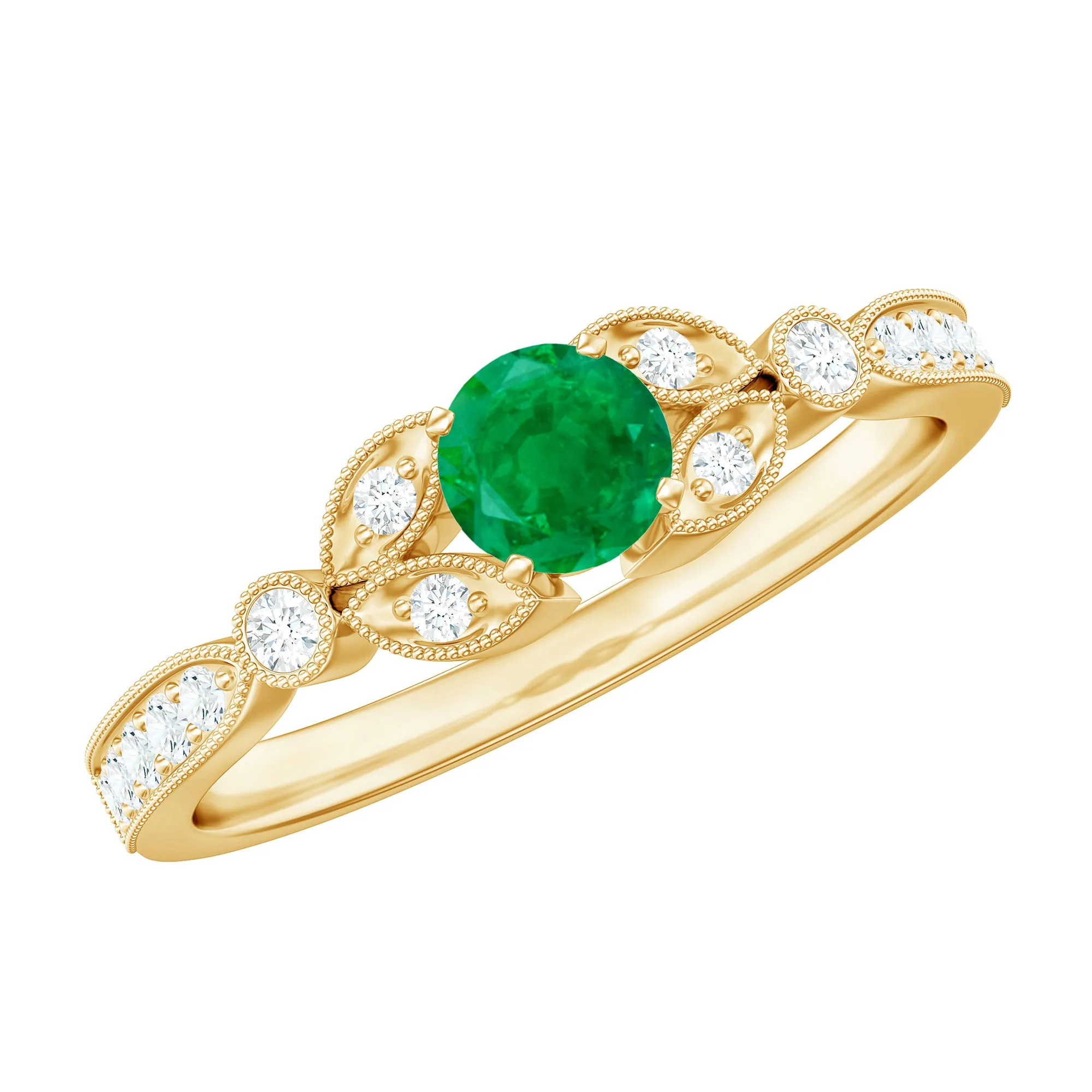 1/2 CT Vintage Inspired Emerald and Diamond Engagement Ring with Milgrain Details