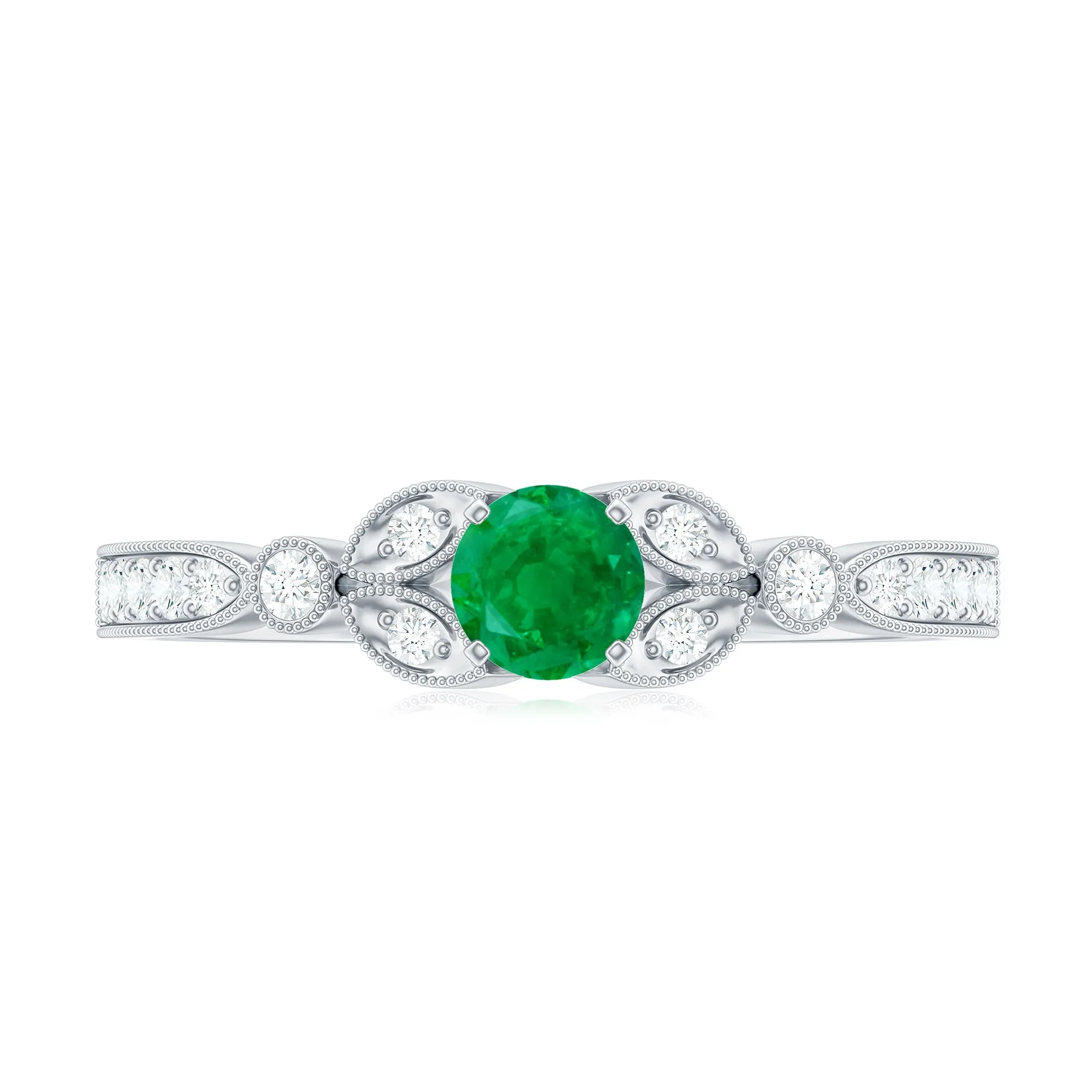 1/2 CT Vintage Inspired Emerald and Diamond Engagement Ring with Milgrain Details