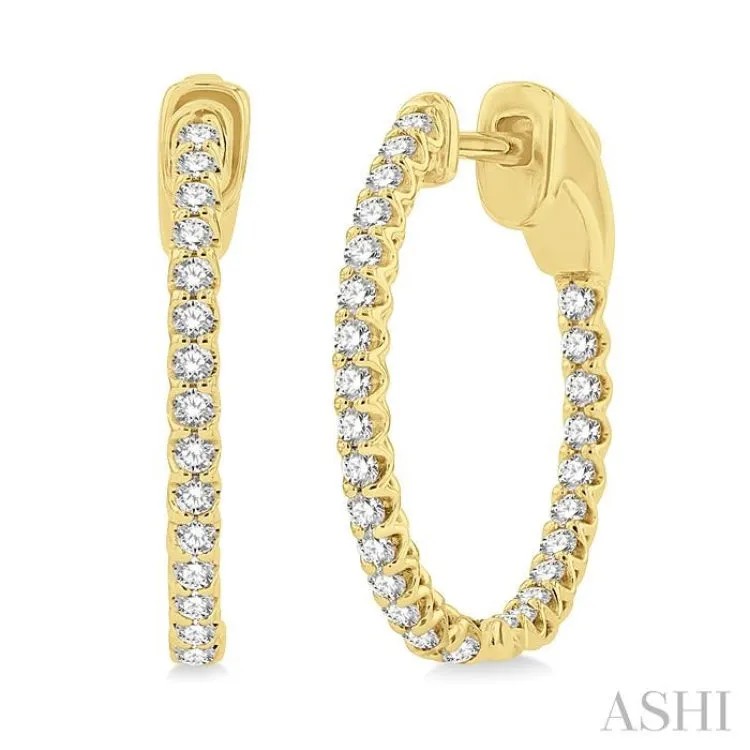 1/2 ctw Round Cut Diamond In-Out Hoop Earrings in 14K Yellow Gold