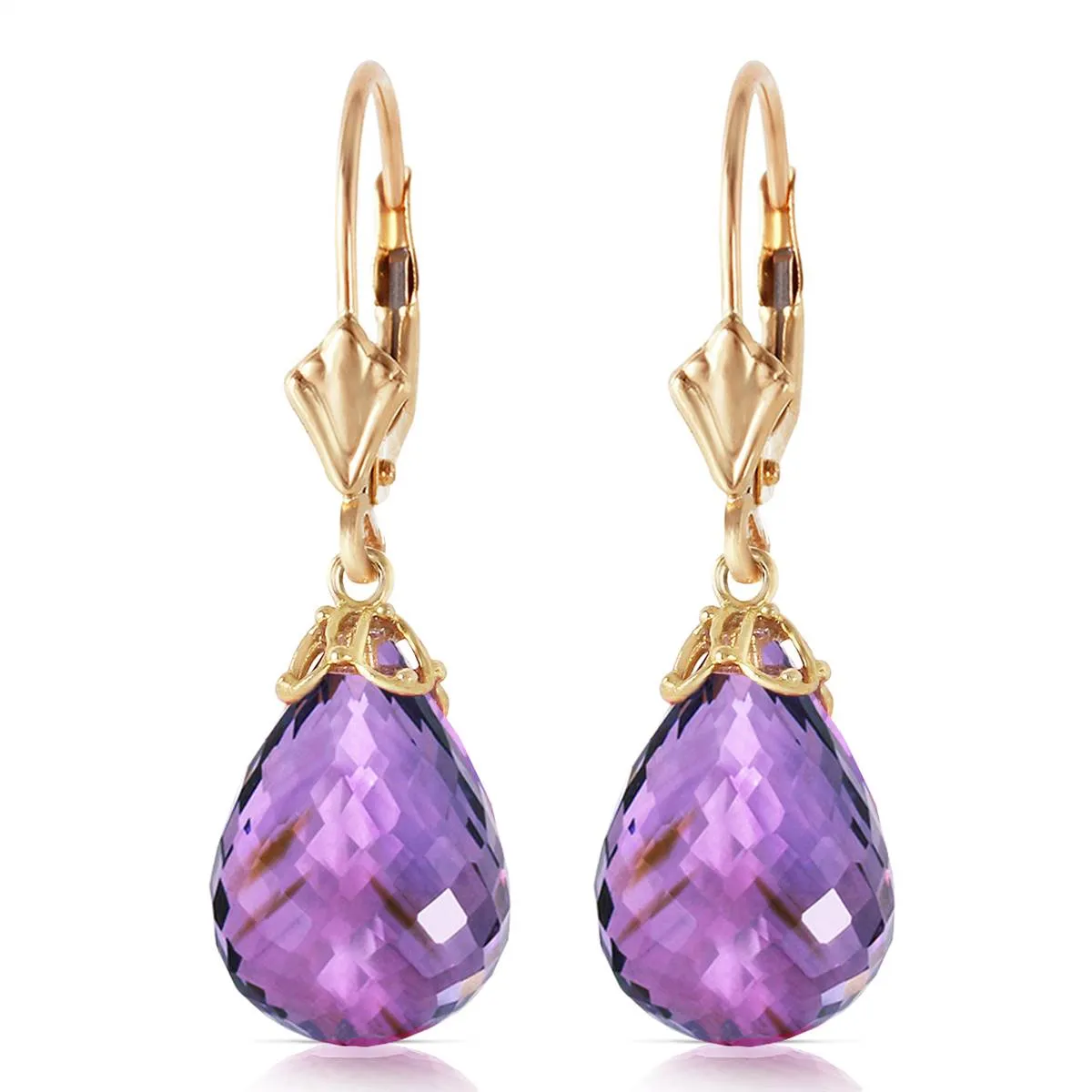 14 Carat 14K Solid Yellow Gold Leverback Earrings Briolette Amethyst