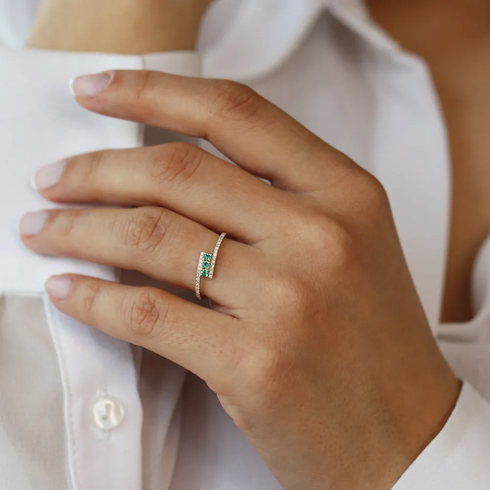 14k Cross Over Diamond Ring with Round Emeralds