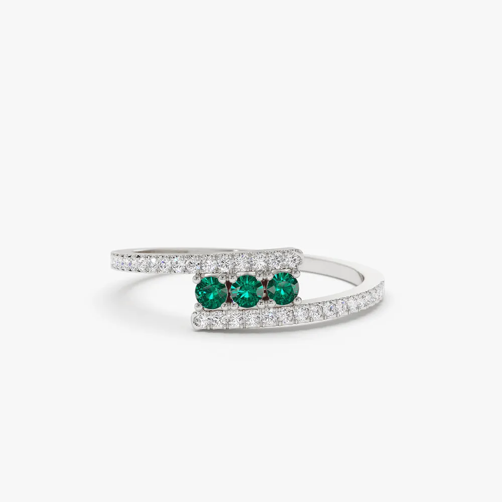 14k Cross Over Diamond Ring with Round Emeralds