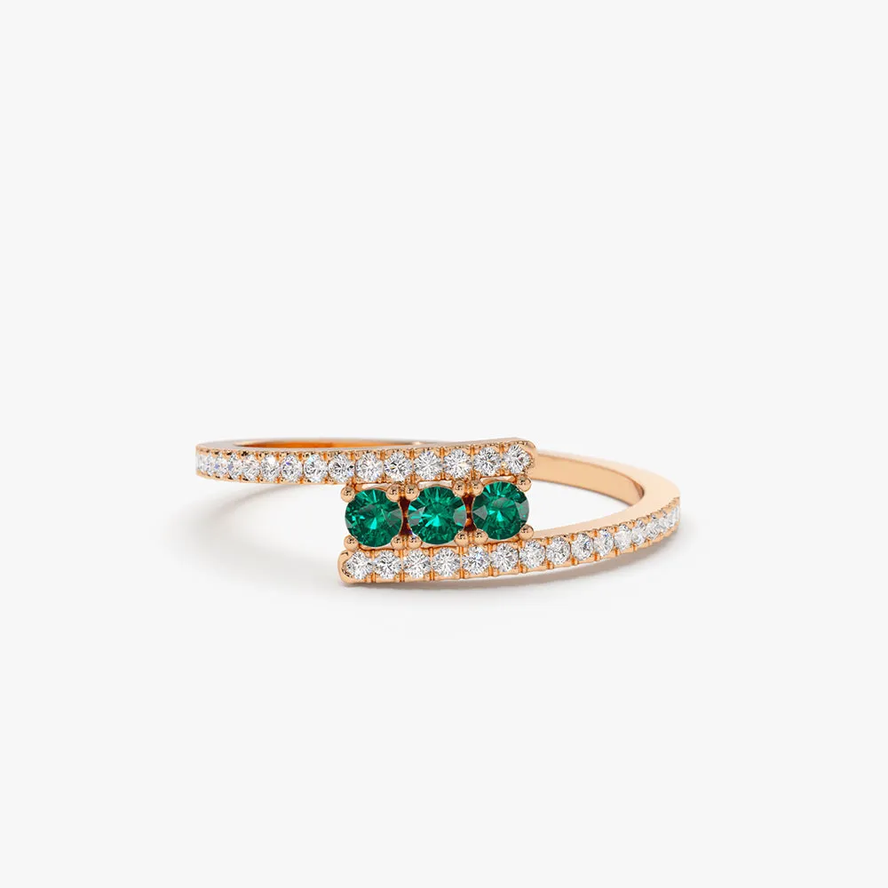 14k Cross Over Diamond Ring with Round Emeralds