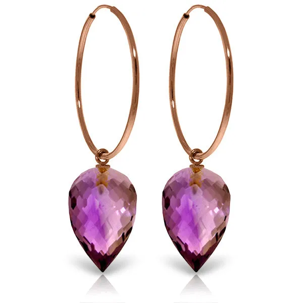 14K Solid Rose Gold Hoop Earrings w/ Pointy Briolette Drop Amethysts