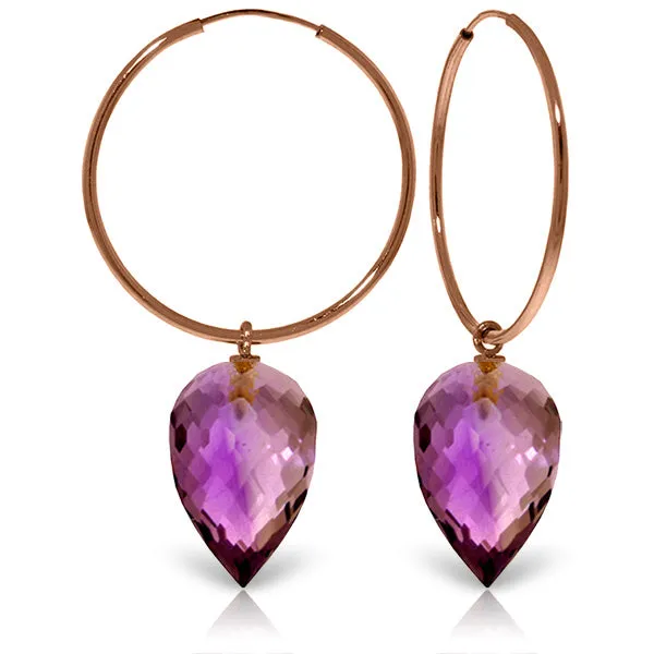 14K Solid Rose Gold Hoop Earrings w/ Pointy Briolette Drop Amethysts