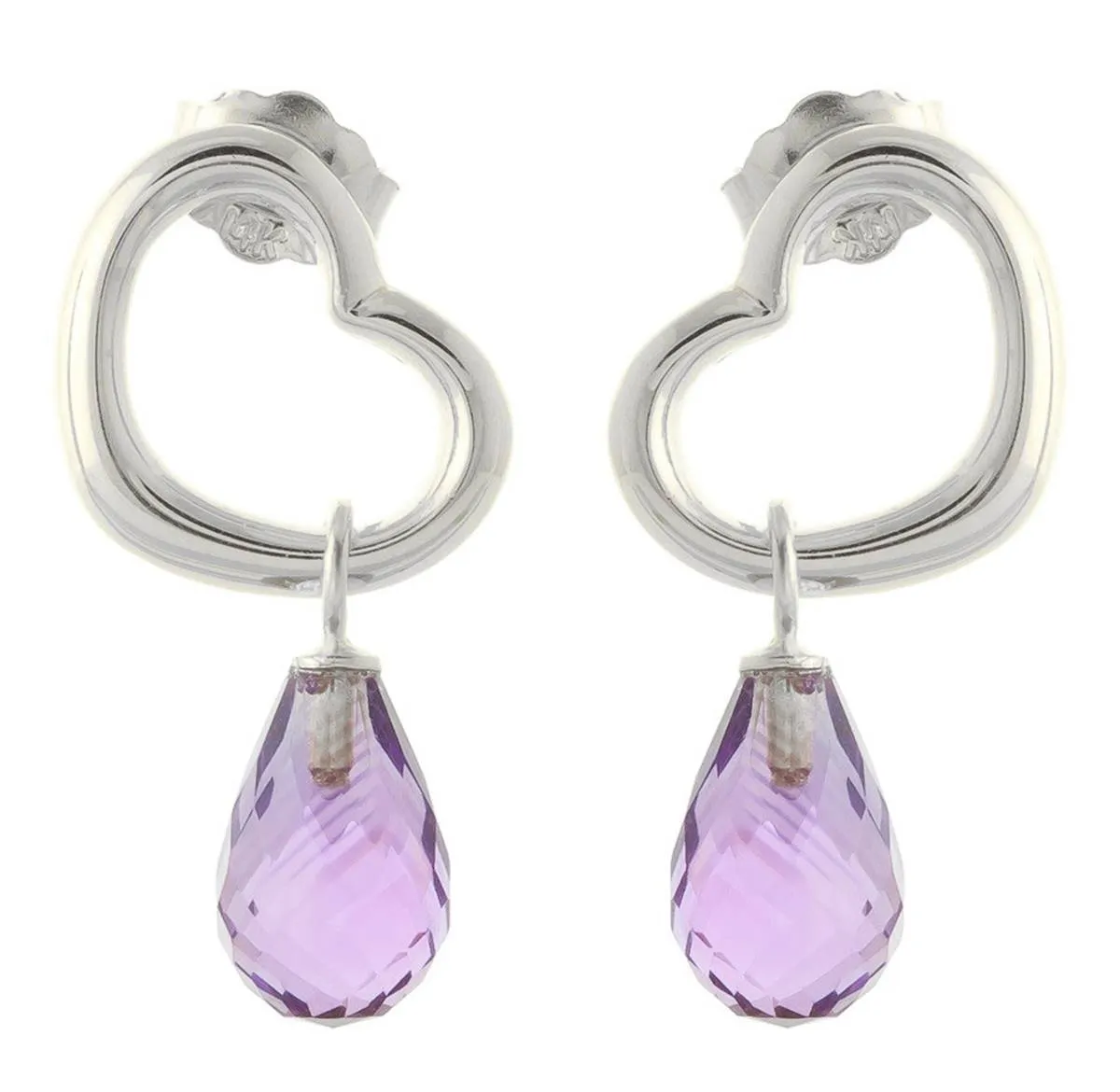 14K Solid White Gold Heart Earrings w/ Dangling Natural Amethysts