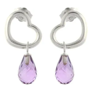 14K Solid White Gold Heart Earrings w/ Dangling Natural Amethysts