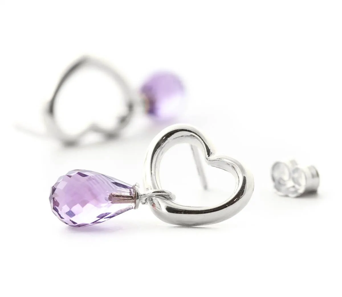 14K Solid White Gold Heart Earrings w/ Dangling Natural Amethysts