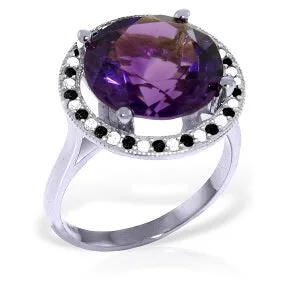 14K Solid White Gold Ring w/ Natural Black / White Diamonds & Amethyst