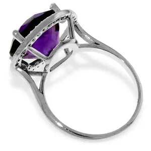 14K Solid White Gold Ring w/ Natural Black / White Diamonds & Amethyst