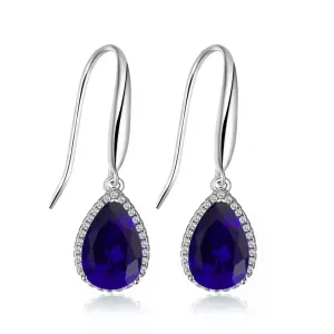 14k White Gold Plated 4 Ct Created Blue Sapphire Teardrop Earrings