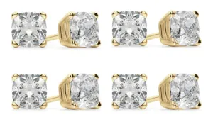 14k Yellow Gold 4mm 2Ct Cushion Cut White Sapphire Set Of Four Stud Earrings Plated