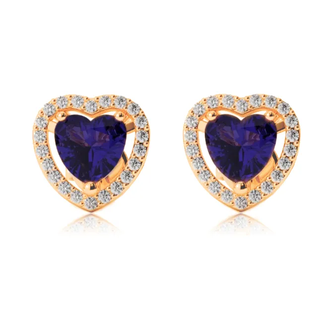 14k Yellow Gold Plated 1 Ct Created Halo Heart Blue Sapphire Stud Earrings