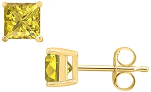 14k Yellow Gold Plated 1/2 Carat Princess Cut Created Yellow Sapphire Stud Earrings