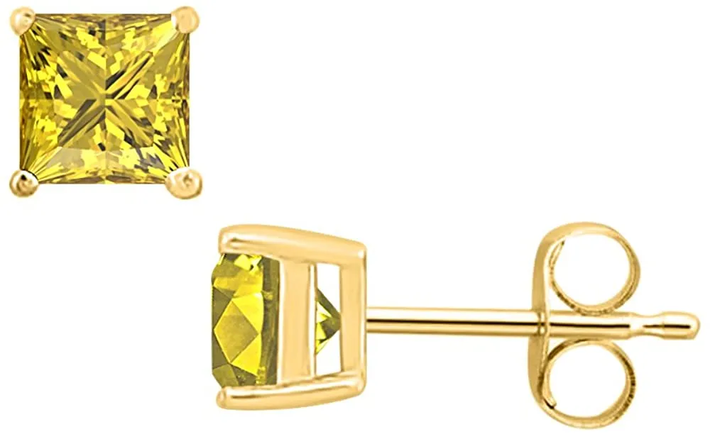 14k Yellow Gold Plated 1/2 Carat Princess Cut Created Yellow Sapphire Stud Earrings