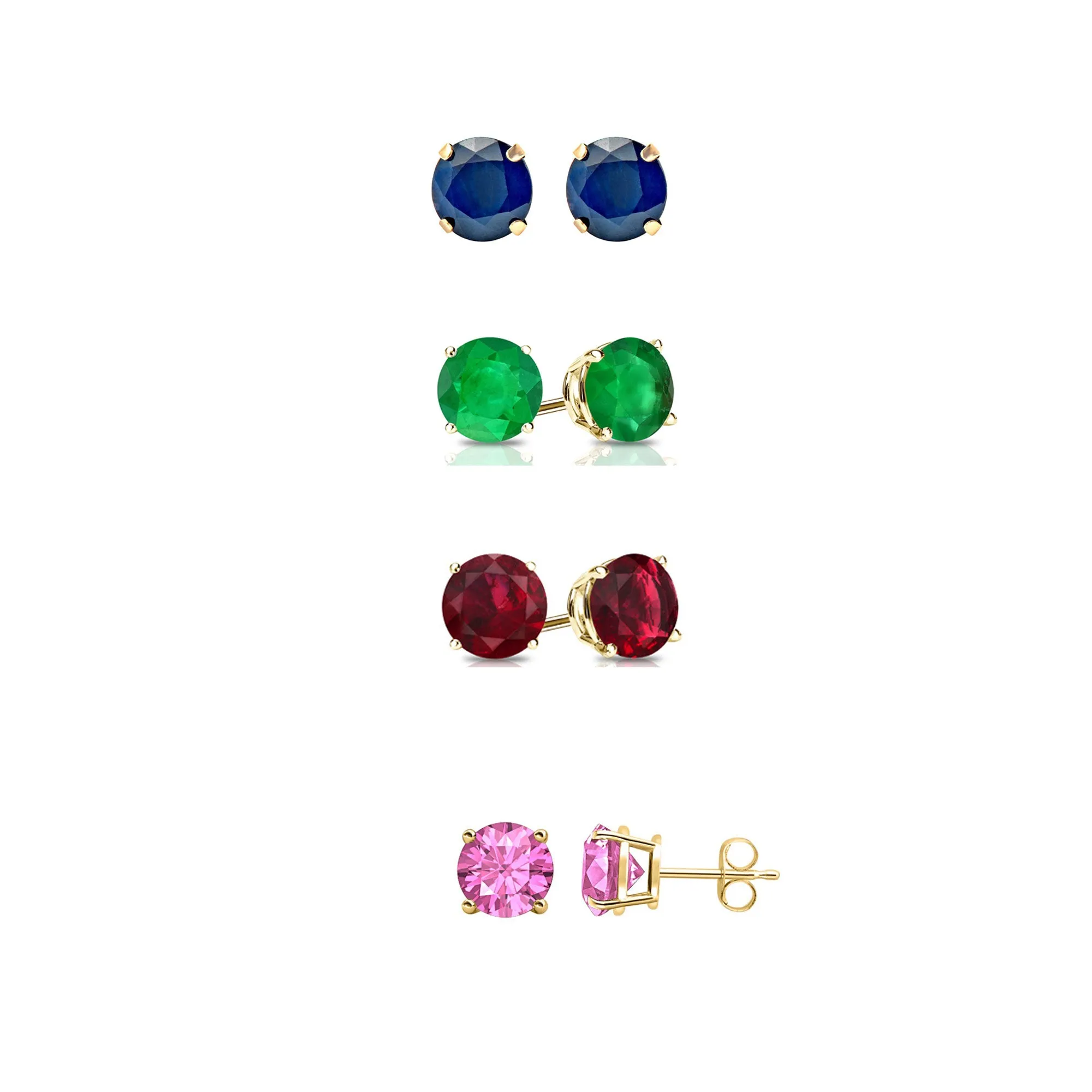 14k Yellow Gold Plated 2Ct Created Blue Sapphire, Emerald, Ruby and Pink Sapphire 4 Pair Round Stud Earrings