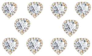 14k Yellow Gold Plated 2Ct Heart White Sapphire Set of Five Halo Stud Earrings