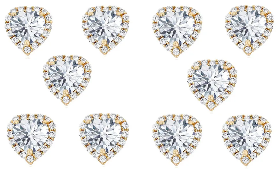 14k Yellow Gold Plated 3Ct Heart White Sapphire Set of Five Halo Stud Earrings