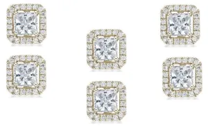 14k Yellow Gold Plated 4mm 1Ct Princess Cut White Sapphire Set of Three Halo Stud Earrings