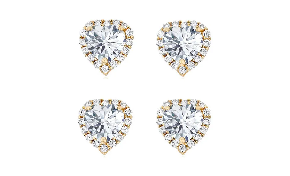 14k Yellow Gold Plated 4mm 3Ct Heart White Sapphire Set of Two Halo Stud Earrings