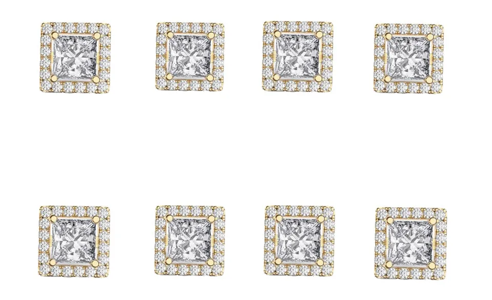 14k Yellow Gold Plated 4mm 3Ct Square Cut White Sapphire Set of Four Halo Stud Earrings