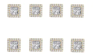 14k Yellow Gold Plated 4mm 3Ct Square Cut White Sapphire Set of Four Halo Stud Earrings