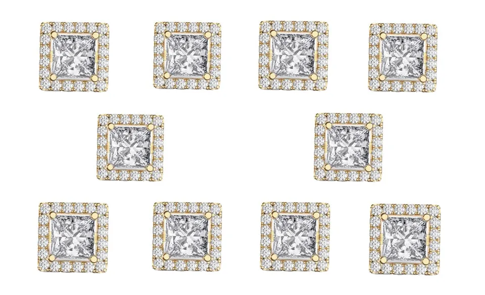 14k Yellow Gold Plated 6mm 3Ct Square Cut White Sapphire Set of Five Halo Stud Earrings