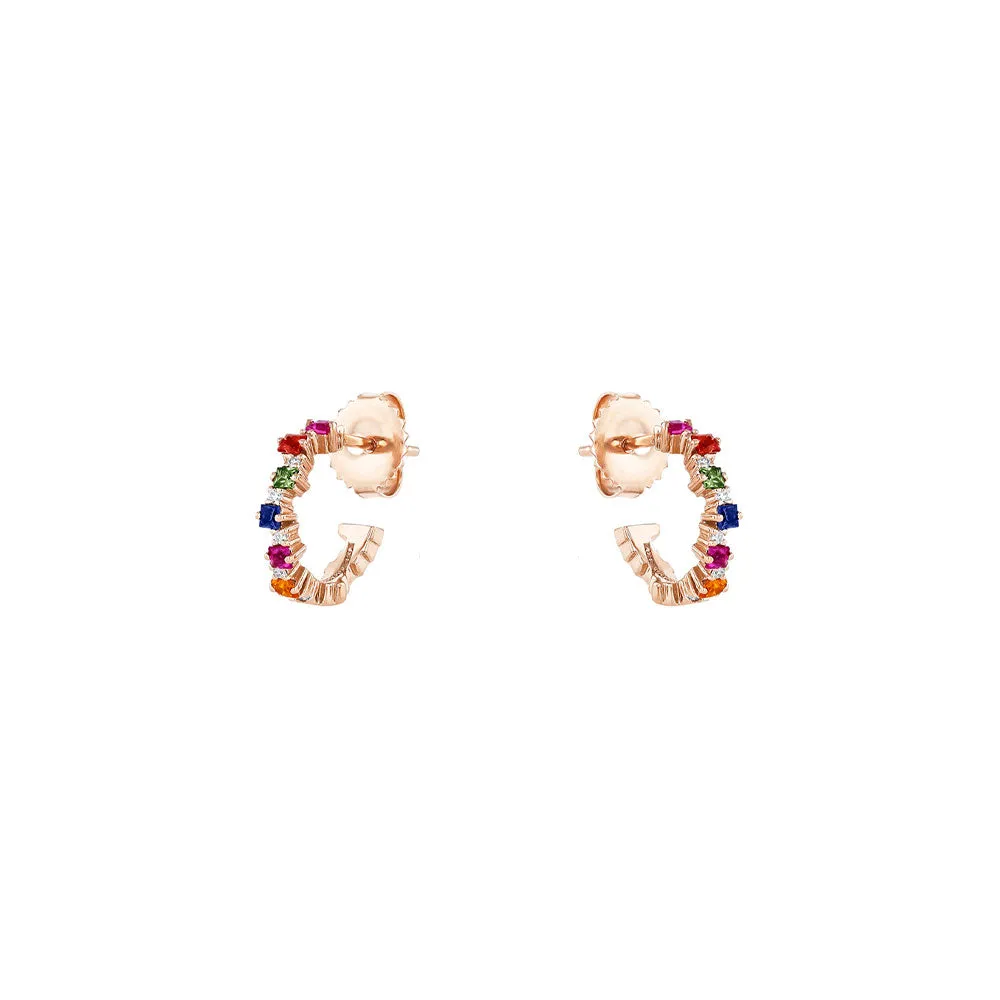 18 Karat Rose Gold Small Hoop Earring with Multi Colored Sapphires and Diamonds