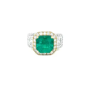 18k White & Yellow Gold 5.67ct Asscher Shape Emerald Pave Diamond Ring with Trapezoid Diamonds