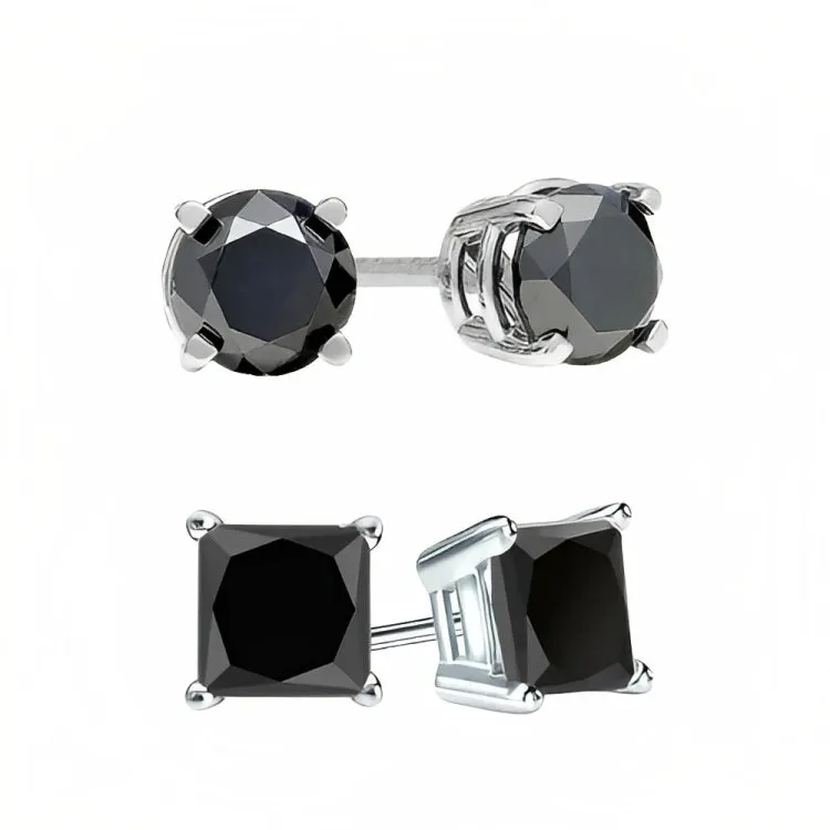 18k White Gold 2 Pair Black Moissanite Round & Princess Cut Stud Earrings Plated 6mm By Paris Jewelry