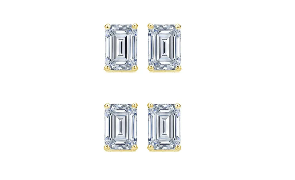 18k Yellow Gold 6mm 3Ct Emerald Cut White Sapphire Set Of Two Stud Earrings Plated