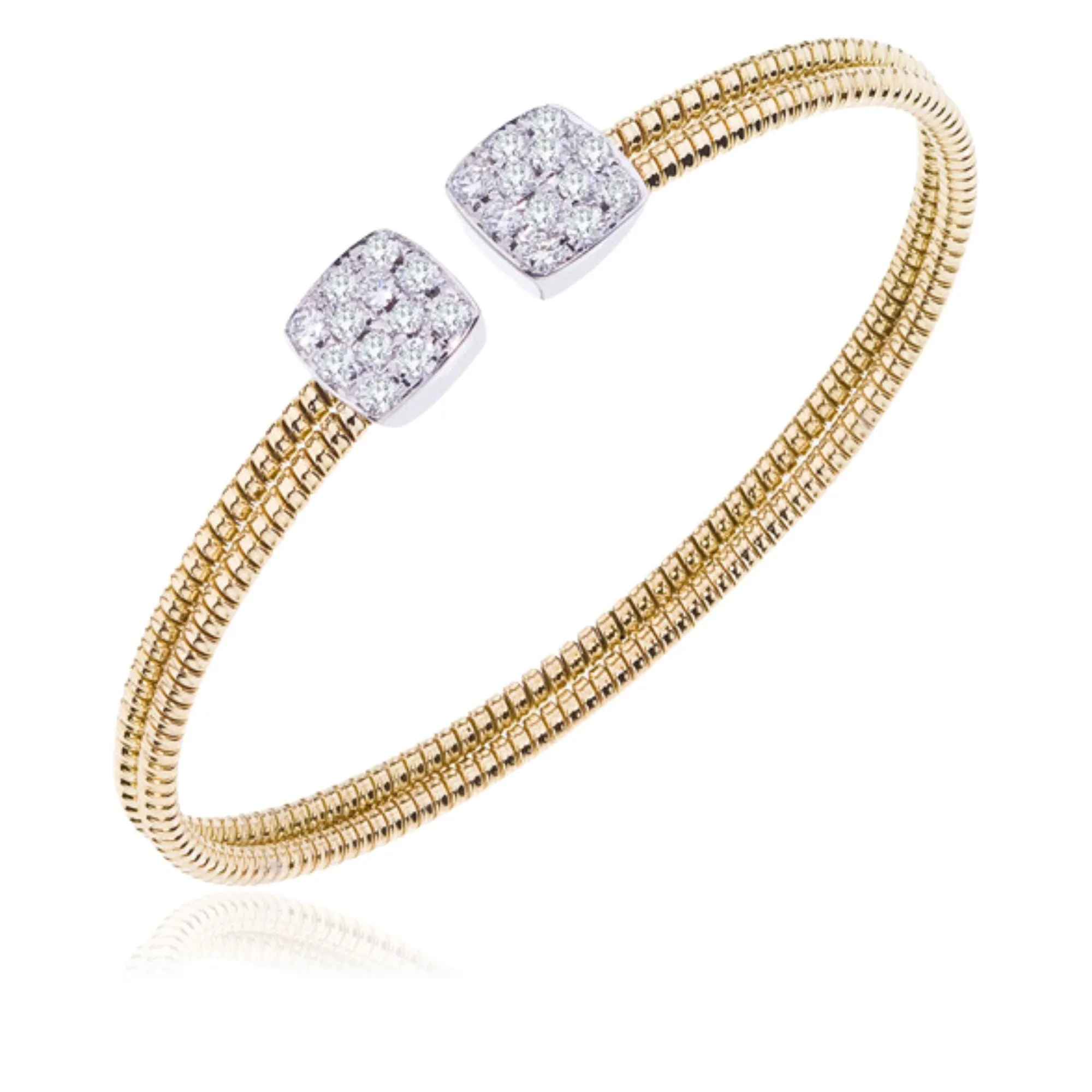 18K YELLOW GOLD DOUBLE TWISTED WIRE CUFF BRACELET WITH PAVE DIAMOND SQUARE END CAPS 0.90CTW