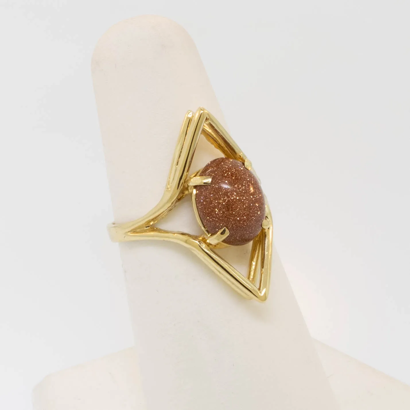 18K Yellow Gold Goldstone Statement Geometric Ring Size 6 Preowned Jewelry